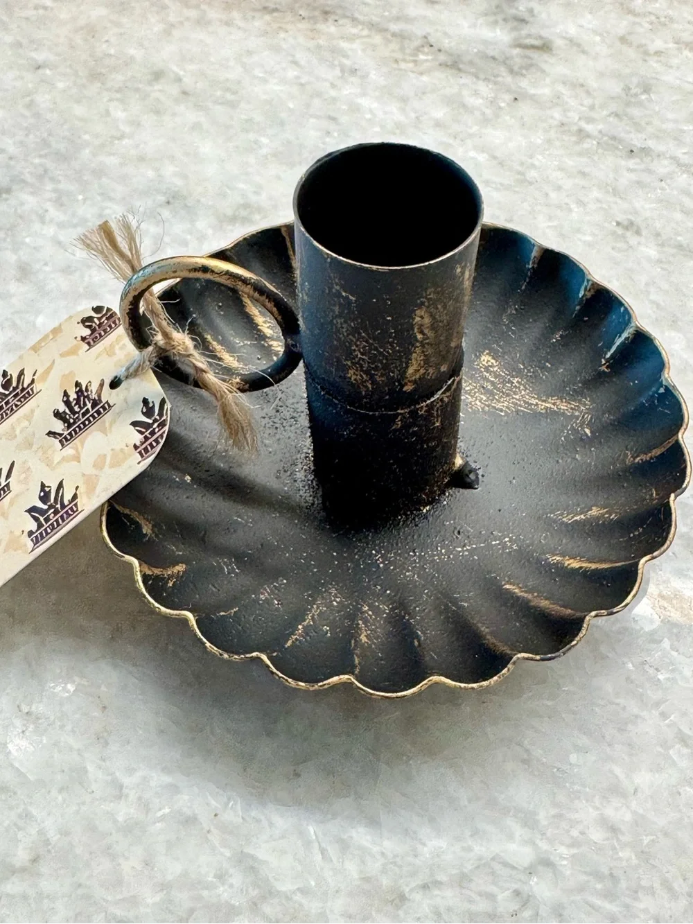 New Rustic Style Matte Black Fluted Metal Taper Candle Holder w/ Ring Handle